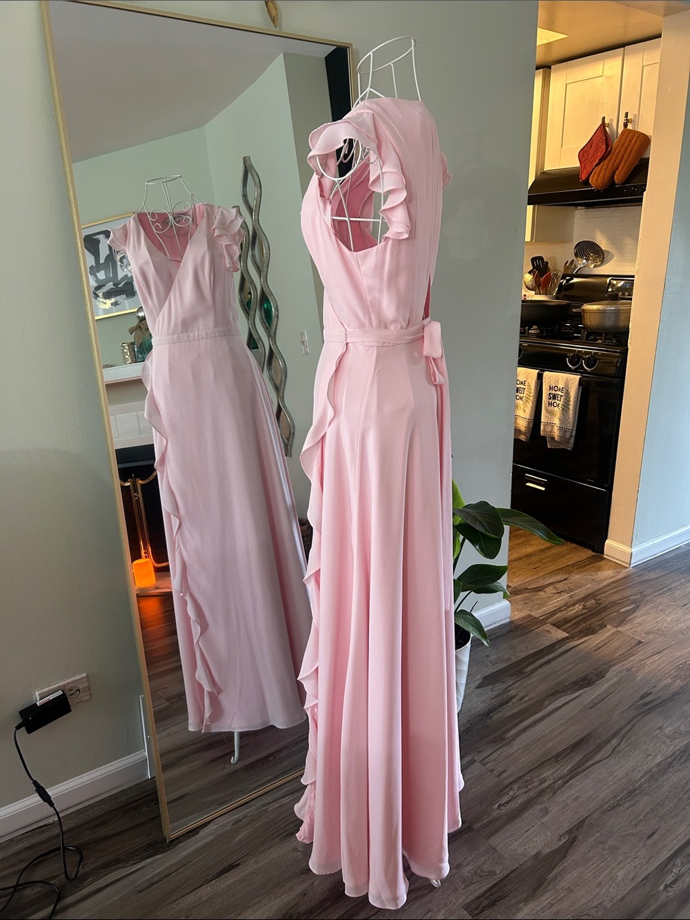 Fame and Partners Blush Pink Ruffle-Trim V-Neck Maxi Dress